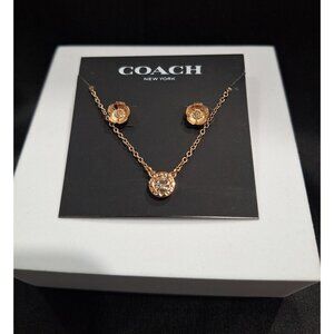 NWT Coach New York Rose Gold-Tone Crystal Necklace & Tea Rose Stud Earrings Set